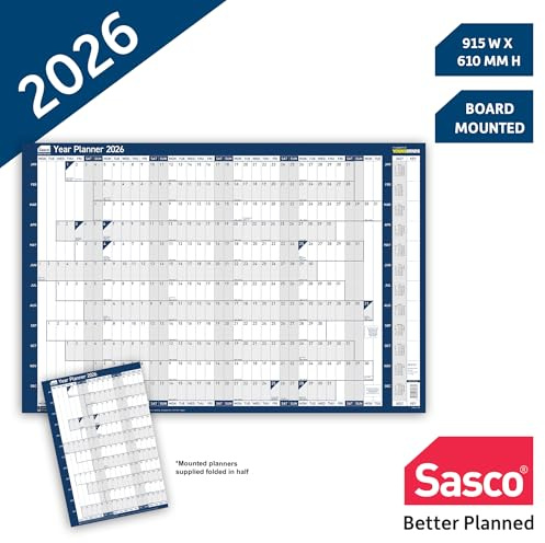 Sasco 2026 Wall Planner – Board Mounted Year Calendar with Wet Wipe Pen & Stickers, 91.5x61cm, Blue – UK & ROI Holidays Marked – Suitable for Office, Home, and School Planning