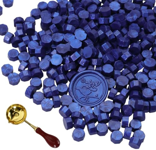 300 Perles de Cire à Cacheter Octogonales avec Cuillère de Fusion - Lot de Sceaux de Cire pour Tampon, Lettres, Invitations, Cartes, Enveloppes, Emballage Cadeau, Mariage, Loisirs Créatifs (Bleu)