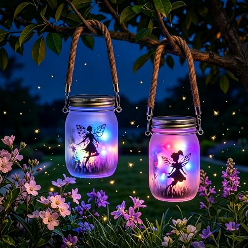 2 Pack Solar Fairy Lantern Outdoor Garden Ornaments IP65 Waterproof Frosted Glass Solar Mason Jar Lights LED Hanging Lamp for Table, Yard, Garden, Patio, Lawns, Decoration (Multicolor)