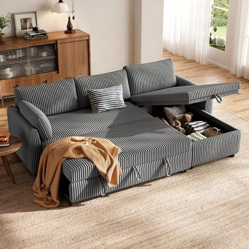 HOMRELEXA Corner Sofa Bed, Corduroy L Shaped Sofa, Grey | Convertible Pull Out Sectional Couch Bed with Storage, Reversible Chaise for Left or Right