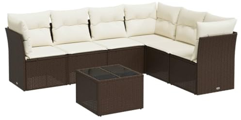 GeenYuu Set di mobili da giardino da 7 pezzi, marrone con cuscino, in polyrattan, resistente alle intemperie, per terrazza, balcone, lounge con contenitore, tavolo e gruppo di sedute per esterni e