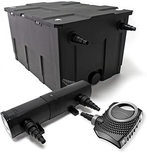 Wiltec Komplettset: CBF-550 Teichfilter bis 60000 L Teichfilteranlage als Durchlauffilter, NEO10000 SuperECO Teichpumpe 10000l/h 80W, CUV-218 Teichklärer UVC Klärer mit 18W, 25m Teichschlauch 25 mm