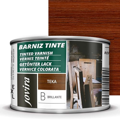 JOVIRA PINTURAS Barniz Brillante Tinte (6 colores). Barniz para madera. Protege, decora y embellece. (375 Mililitros, Teka) D-3