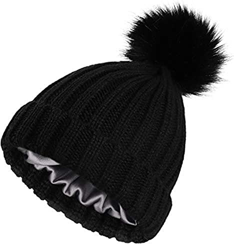 Moonumen Bonnet d'hiver pour femme en satin doublé avec pompon amovible en fourrure et soie, Noir , taille unique