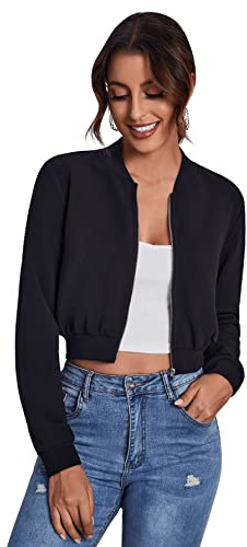 SweatyRocks Women's Casual Long Sleeve Solid Zip Up Coat Crop Bomber Jacket