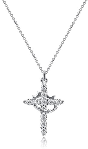 DEARMAY Sterling Silver Plated Crown Cross Necklace for Women, Cute Dainty Diamond Cross Pendant Necklaces Simple Aesthetic Jewelry Gift