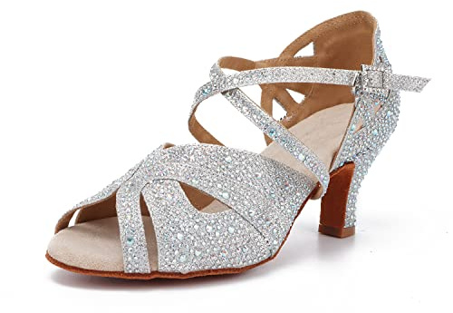 Syrads Scarpe da Ballo da Donna Scarpe da Ballo Latine da Sala da Ballo Sociale Scarpe da Ballo Latine da Donna per Feste da Sera,Argento 6cm Heel,36 EU