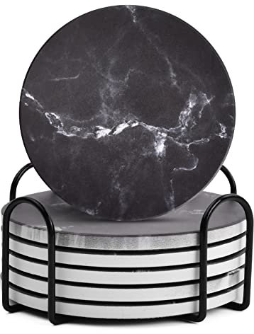 Anseom Sottobicchieri in ceramica con supporto, set di 6 sottobicchiero assorbenti con base in sughero, originali per bevande, caffè, cucina, drink, vino, tazze (nero)