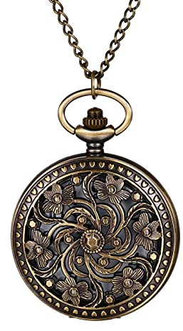JewelryWe Orologio da Tasca a Quarzo Quadrante Numero con Collana in Lega Disegno Fiore Colore bronzo