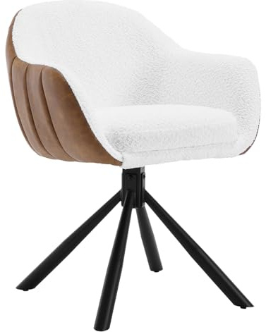 WOLTU 1x Chaise Pivotante, Chaise Salle à Manger, Chaise de Cuisine, Chaise Scandinave, Fauteuil Chambre, Siège Rembourré, Pieds en Métal, Chenille Blanc + Simili Cuir Marron, EZS04ws-1