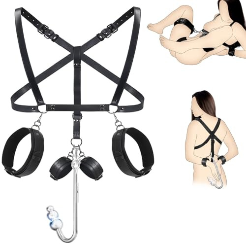 Vibrating Anal Hook BDSM Sex Bondage Restraints Kit, Thigh Sling Chest Harness Behind Back Handcuffs, 3 Balls Anal Trainer with 9 Vibration Modes, SM Fetish Unisex Sex Toys for Couples