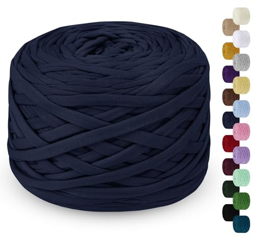 LEREATI 285g T Shirt Yarn for Crocheting 100m Elastic Ribbon Yarn Thick Crochet Fabric Yarn, Knitting T-Shirt Yarn for Crochet Bag, Blanket, Basket, DIY Projects, Home Decor (Dark Blue)
