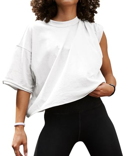 EBANKU Oversized Workout Shirts for Women Short Sleeve Crop Tops Casual Basic Cotton Athletic Yoga Running Cropped T-Shirts White