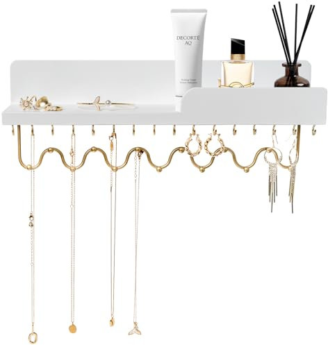 Lampaggio 29 Hooks Wall Mount Necklace Holder Organizer, White Decorative Wood Jewelry Shelf with Gold Metal Wave Bar and Guardrail for Necklace, Pendant, Chain, Bracelet