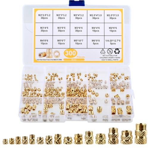 BUYGOO 300 Stück Gewindeeinsatz, M2 M2.5 M3 M4 M5 M6 Einpressmuttern, Messing Gewindebuchsen, Innengewinde Rändelmuttern mit Sortierbox, Einschmelzgewinde, für 3D Druckteile Laptop Kunststoffteile
