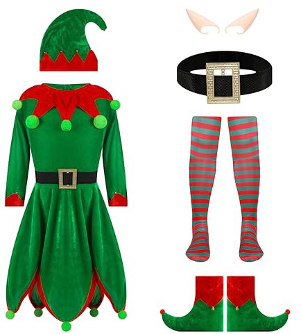 Generico QiaoPkeb 6-piece costume elfo di festa delle donne vestito di velluto Carnevale di Natale gioco di ruolo elfo scarpe scarpe ear strap calzini (L)