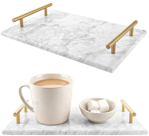 Oungy Marmor Servierplatte mit Griff, Dekorative Serviertablett Marmor, Rechteck Tablett, Verlobungstablett aus Marble, für küche Badezimmer Kommode Dekor Waschtisch, 30x20x4.5cm (Grau)