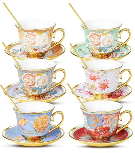 XRBEOU Tea Cups and Saucers, Tea Cup Set of 6, 8 OZ Floral Cups Porcelain Cup Set for Cappuccino, Coffee, Afternoon Tea Birthday Party Supply Housewarming Gift