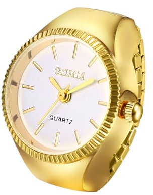 JewelryWe Fingeruhr Ringuhr Elastische Uhr: Gold Analog Quarz runde Fingerringuhr Legierung Ring Uhr Uhrenring mit Stretchband und Balkenskala - Geschenke für Damen Herren