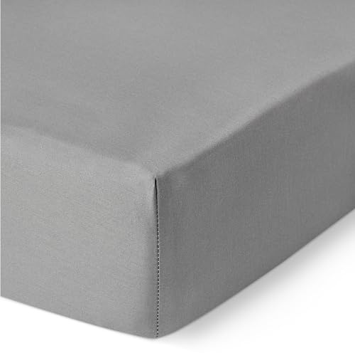 Amazon Basics Sábana Bajera Ajustable para Cama 140, Deluxe Extra Suave, 100% Algodón Satén 400 Hilos, Alto 30cm, 140 x 200 cm, Gris Oscuro