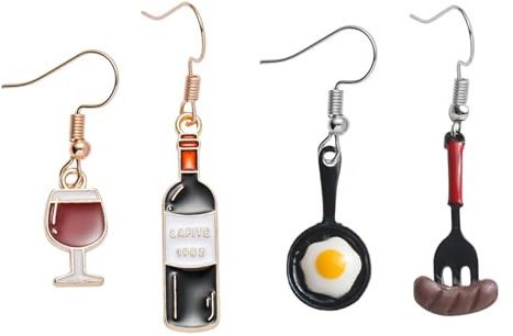 CHROMACRAFT 1 Paire De Boucles d'oreilles en Verre De Vin Rouge Et 1 Paire De Boucles d'oreilles en Forme De Saucisse Aux Œufs Au Plat, Boucles d'oreilles Intéressantes, Boucles d'oreilles Créatives