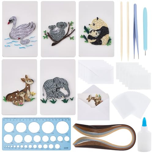 WEBEEDY 20 Set Muttertag Quilling Grußkarten Set Für Erwachsene Papier Quilling Kit Mit Anleitung Für Anfänger 5 Stile Tiere Hirsch Schwan Elefant Panda Känguru Mutter Und Kind Quilling Karte