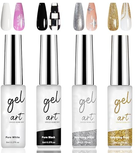 4 Farben Gel Liner Nail Polish Set - Liner Nagellack Langanhaltend - Schwarz Weiß Glitter Gold Silber Nagellack für UV Lampe - Klassisch Painting Gellack for Drawing Lines, French Manicure (B)