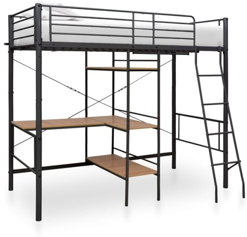 QUAHEAS Grey Metal Bunk Bed with Desk, 90x200 cm, Space-Saving Design, Sturdy Frame for Kids' Room, Integrated Ladder & Safety Rails for Enhanced Security