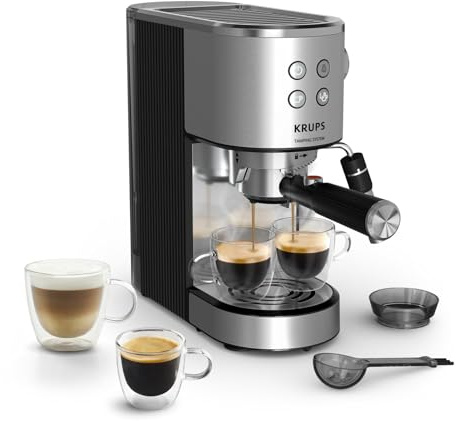 Krups Virtuoso+ Autotamping, Cafetera Espresso, Sistema de autoprensado, 15 bares, Panel Frontal Inutitivo, Calidad Barista, 1350 W, Compacto, Inox, XP499EE0