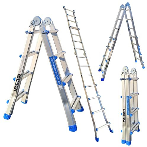 WORHAN Echelle de 414cm Aluminium Telescopique 4.14m A Forme Pliable Polyvalente Escabeau Robuste L4