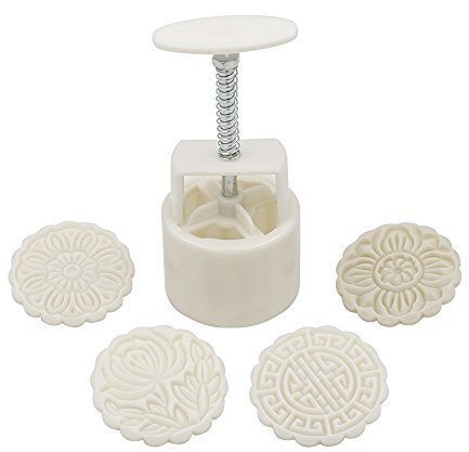 Runder Mondkuchen DIY Chinesische Mondkuchen-Form, Ausstecher mit 4 Blumen Muster Dekoration weiß