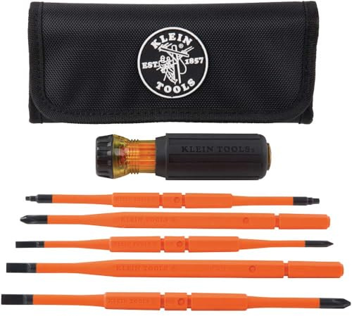 Klein Tools 32288 Insulated Screwdriver, 8-in-1 Screwdriver Set with Interchangeable Blades, 3 Phillips, 3 Slotted and 2 Square Tips, Black/Orange