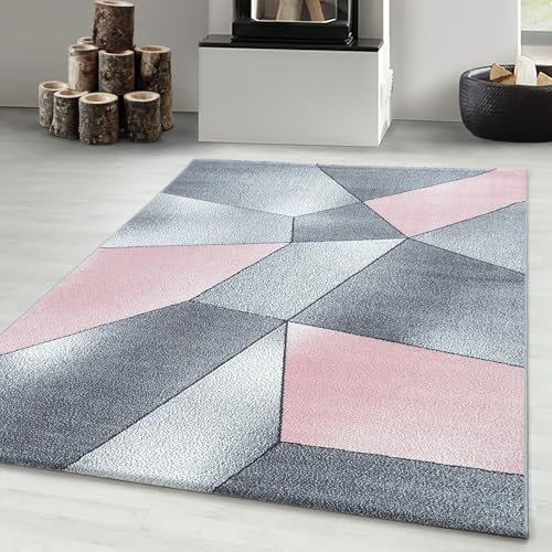Carpetsale24 Designer Teppich Modern Abstrakt Gemustert – Grau und Pink – Wohnzimmerteppich für modernen Stil und Komfort, Größe 120x170 cm – Pflegeleicht, Weicher Flor, Ideal für Wohnzimmer