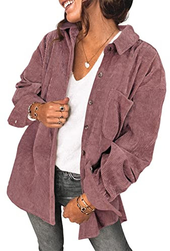 Saslax Damen Cord-Hemd, langärmelig, übergroß, Knopfleiste, V-Ausschnitt, Blusen, Tops, lockere Shacket-Jacke, A-mauve, Mittel