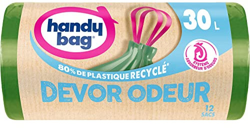 Handy Bag - Sacs poubelle à poignées coulissantes Dévor Odeur 30L x 12 sacs - Système absorbeur d'odeurs - Ultra Résistant - Étanchéité maximale - 100% plastique recyclé