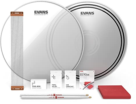 Evans Snare Drum Tune Up Kit - 14 Inch Snare Drum Heads - EC Reverse Dot and Clear Resonant Drumheads - EQ Pods - Snare Wires - Drumsticks - Maintenance Accessories