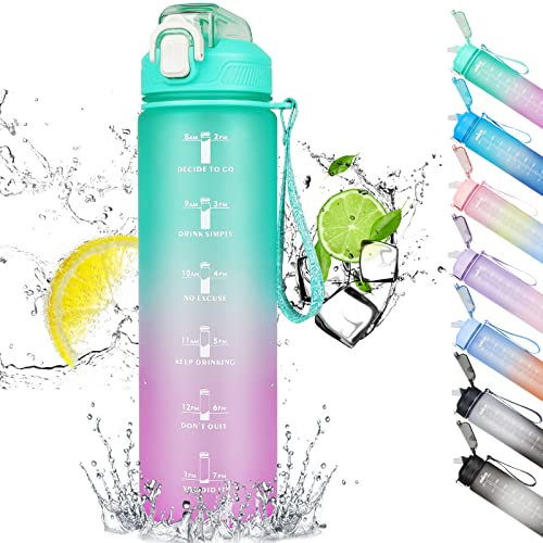 CodiCile 1L Water Bottle, with Straw and Time Markings,Motivational Leakproof 1 litre Water Bottle with BPA Free Lid for Sports Gym Office Running (Gradient Green)