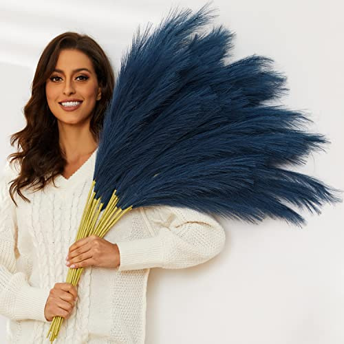 QUBITFUL Blue Pampas Grass, 9 PCS 37''/3.1FT Tall Fluffy Fake Pompas Floral, Large Faux Pompous Grass Branches for Floor Vase Fillers, Boho Farmhouse Room Wedding Decor (Blue)