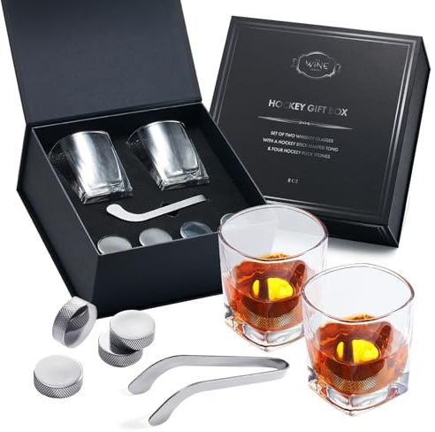Hockey Puck Whiskey Stones Gift Set with 2 Glasses & Stick Tongs - 7pc Stainless Steel Chilling Rocks, Chill Non-Diluting Freezer Kit, Cool Hockey Gifts for Men, Him, Dad, N H L Gift Boyfriend & Fans