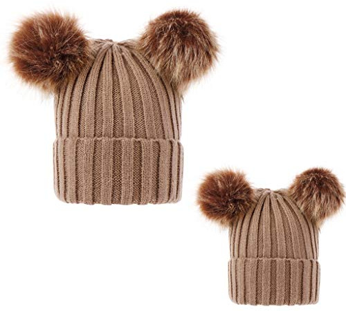 PythJooh 2PCs Mom and Baby Hat Winter Warm Cute Pom Pom Wooly Crochet Hats Family Matching Beanie Hats for Women and Baby Girl Boy Kids 0-3Years Khaki