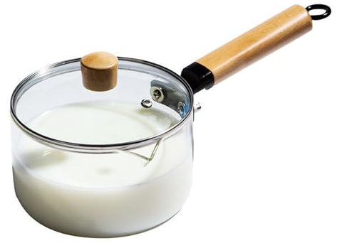RSBFER Glass Milk Pot, Clear Saucepan with Wooden Handle and Lids, V Shaped Spout Simmer Pot Cookware for Ramen, Hot Milk