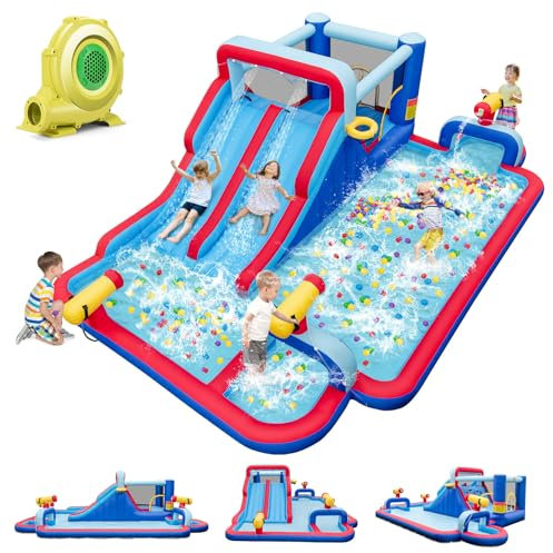 GOPLUS 5 en 1 Château Gonflable Extérieur XXL, Double Toboggan, Mur d'escalade, Pataugeoire, Panier de Basket-Ball, Canons à Eau,Humide et Sec,pour 3 Enfants, Charge 135KG(avec Souffleur 680W)