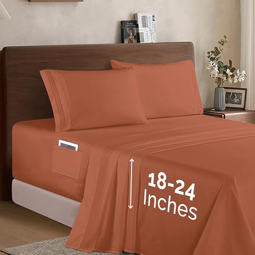 Elegant Comfort - Luxury 1500 Premium Microfiber 4 Piece Bed Sheet Set - Soft Elastic 18 to 24 Deep Pocket Sheets, California King, Coral