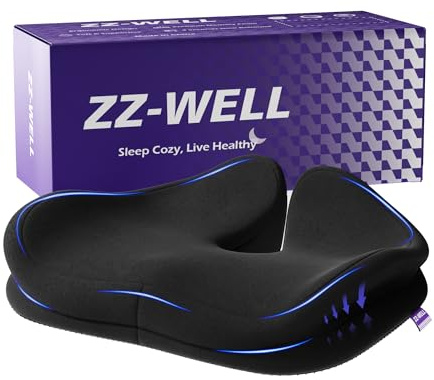 ZZ-WELL Seat Cushions for Office Chairs - Patented Coccyx Cushion for Tailbone Pain - 21.2 W x 16.5 L Memory Foam Extra Large Seat Cushion, Removable & Machine Washable Cover (Black)