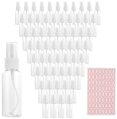 LOPYXBR 60 PCS Transparent Plastic Spray Bottle Set - 50ml/1.7oz Mini Travel Bottles for Cleaning, Perfume, Make-up with Labels