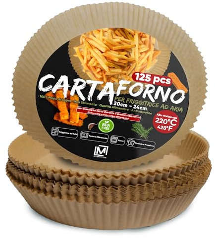 125Pcs MANNY'S LAB Carta Forno per Friggitrice ad Aria Ø24cm (Base 20cm), Carta per Friggitrice ad Aria Monouso BPA Free, Accessori Friggitrice ad Aria, Antigrasso e Resistenti al Calore