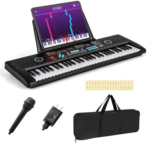 KOMFOTTEU Elektronisches Keyboard mit 61 Tasten, Digitalpiano mit Mikrofon & Ständer, Klaviertastatur tragbar mit Tragetasche für Anfänger