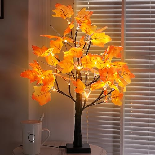 GOEDCH Luces para árbol de arce, 24 LED, decoración otoñal, hojas de eucalipto, 60 cm, decoración otoñal de mesa con hoja de arce, USB o funcionamiento con pilas, lámpara de árbol para
