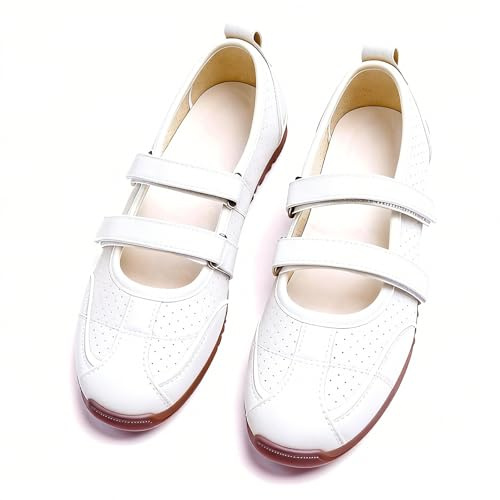 Mary Jane Ballet Sneakers for Women Fashion Retro Casual Sneakers cute Tennis Shoes with Elastic Strap Non Slip Lightweight Comfortable Women's Ballet Flats for Dress Jeans Skirts (White, 9)
