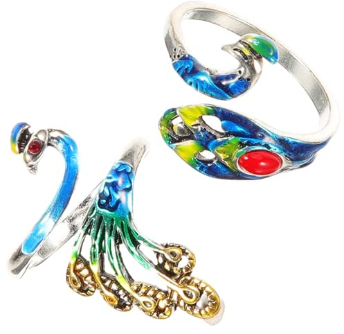 FIXOSHEE Anillos Ajustables para Crochet de Plata Vintage, Diseño Pavo Real, Soporte y Guía de Hilo para Tejer, 2 Piezas, Accesorios de Tejido Prácticos y Decorativos para Mujer